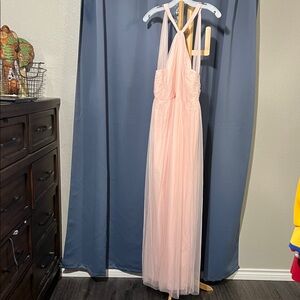 David’s Bridal Long Soft Net High Neck Halter Formal Soft Pink Petal Dress